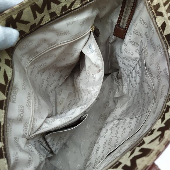 Michael Kors Brown Canvas Leather Trim MK Printed Double Handle Zipper Tote Bag - Picture 14 of 16